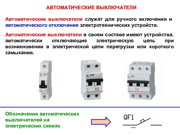 АВТОМАТИЧЕСКИЕ ВЫКЛЮЧАТЕЛИ Автоматические выключатели служат для ручного включения и автоматического