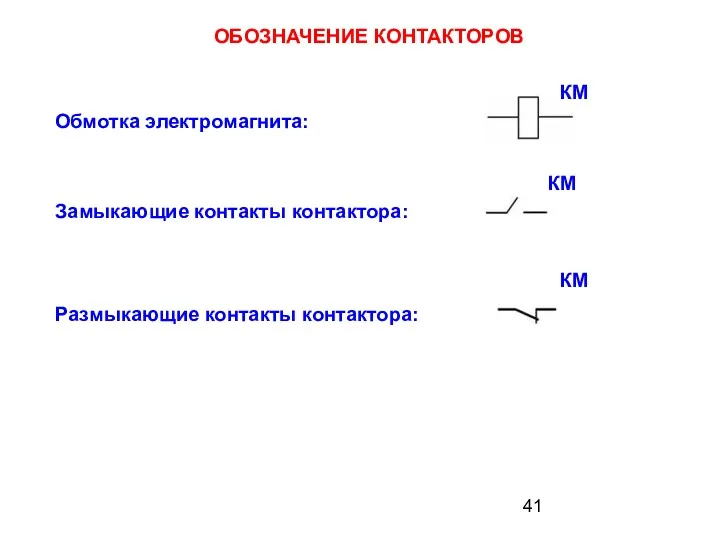 ОБОЗНАЧЕНИЕ КОНТАКТОРОВ Обмотка электромагнита: Размыкающие контакты контактора: Замыкающие контакты контактора: КМ КМ КМ