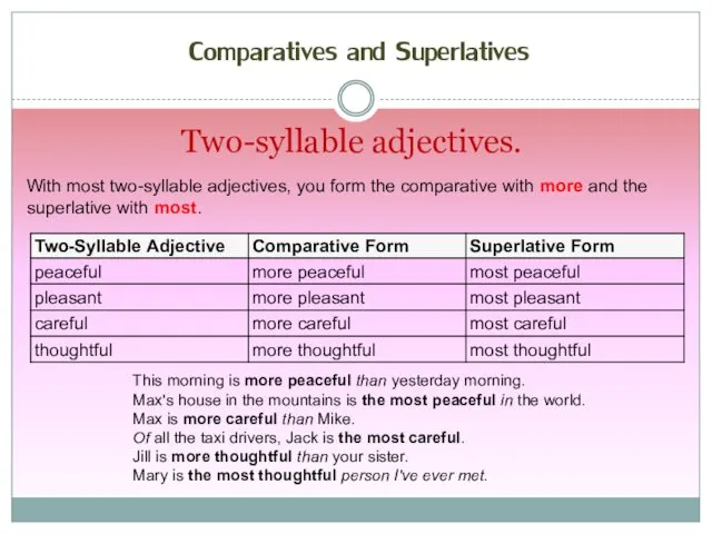 Two-syllable adjectives. With most two-syllable adjectives, you form the comparative