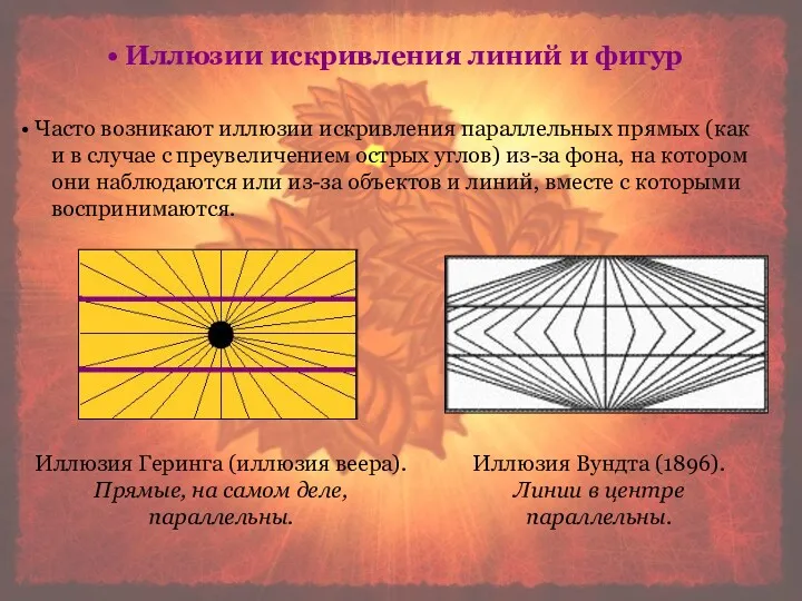 Часто возникают иллюзии искривления параллельных прямых (как и в случае