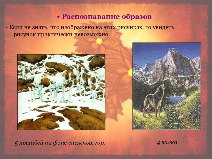 Если не знать, что изображено на этих рисунках, то увидеть рисунок практически невозможно.