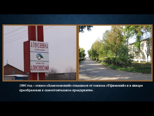 1990 год – совхоз «Алексеевский» отделился от совхоза «Уфимский» и в январе преобразован в самостоятельное предприятие.