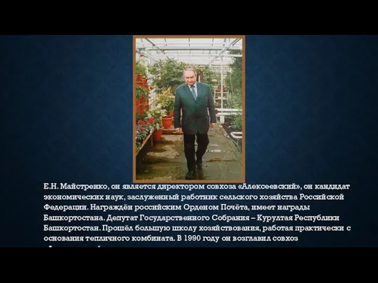 Е.Н. Майстренко, он является директором совхоза «Алексеевский», он кандидат экономических