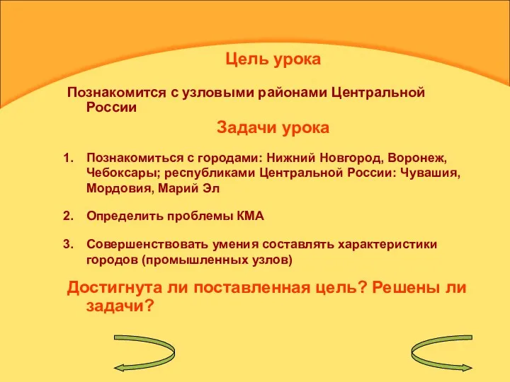 Цель урока Познакомится с узловыми районами Центральной России Задачи урока