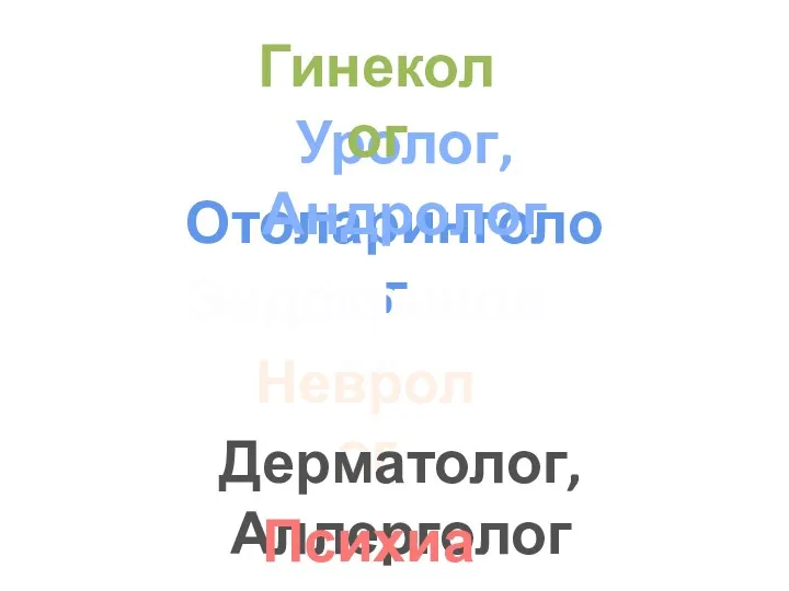 Отоларинголог Эндокринолог Невролог Уролог, Андролог Дерматолог, Аллерголог Гинеколог Психиатр