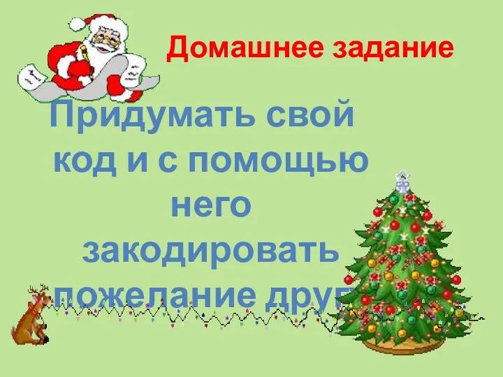 Домашнее задание Придумать свой код и с помощью него закодировать пожелание другу