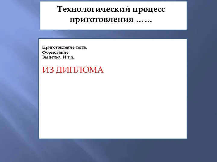 Технологический процесс приготовления …… Приготовление теста. Формование. Выпечка. И т.д. ИЗ ДИПЛОМА