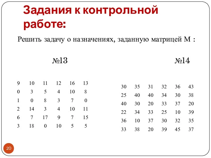 Задания к контрольной работе: Решить задачу о назначениях, заданную матрицей М : №13 №14