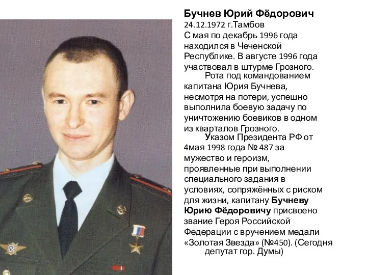 Бучнев Юрий Фёдорович 24.12.1972 г.Тамбов С мая по декабрь 1996 года находился в
