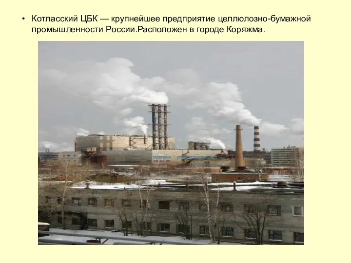 Котласский ЦБК — крупнейшее предприятие целлюлозно-бумажной промышленности России.Расположен в городе Коряжма.