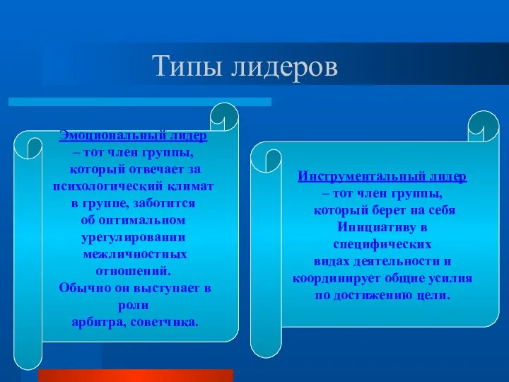 Эмоциональный лидер – тот член группы, который отвечает за психологический климат в группе,