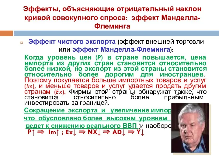 Эффекты, объясняющие отрицательный наклон кривой совокупного спроса: эффект Манделла-Флеминга Эффект