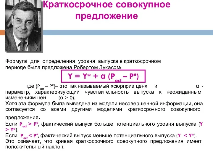 Формула для определения уровня выпуска в краткосрочном периоде была предложена