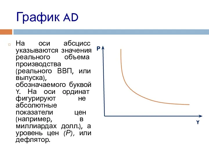 График AD На оси абсцисс указываются значения реального объема производства