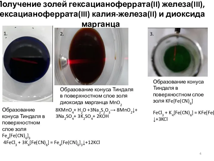 Получение золей гексацианоферрата(II) железа(III), гексацианоферрата(III) калия-железа(II) и диоксида марганца Образование