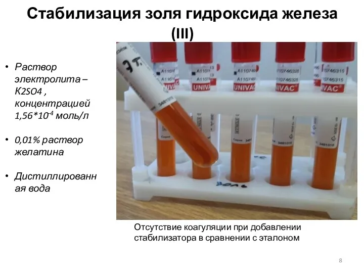 Стабилизация золя гидроксида железа(III) Отсутствие коагуляции при добавлении стабилизатора в