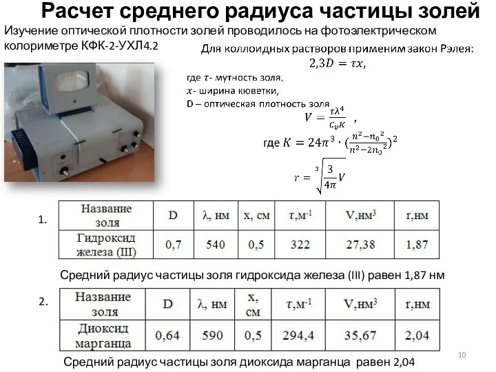 Расчет среднего радиуса частицы золей Изучение оптической плотности золей проводилось