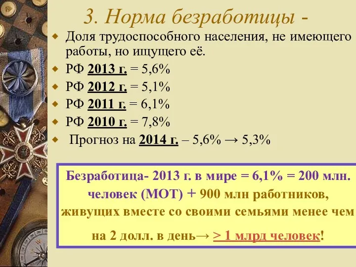 3. Норма безработицы - Доля трудоспособного населения, не имеющего работы,