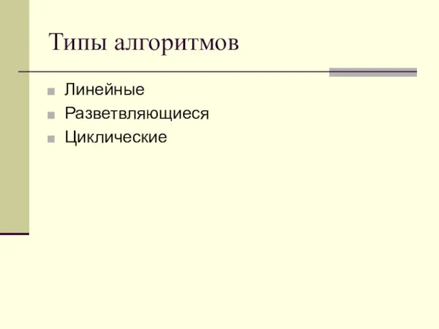 Типы алгоритмов Линейные Разветвляющиеся Циклические