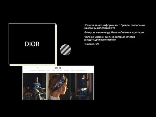 DIOR Плюсы: много информации о бренде, разделение на сезоны, коллекции