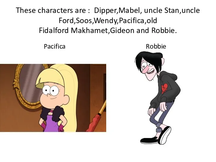 These characters are : Dipper,Mabel, uncle Stan,uncle Ford,Soos,Wendy,Pacifica,old Fidalford Makhamet,Gideon and Robbie. Pacifica Robbie