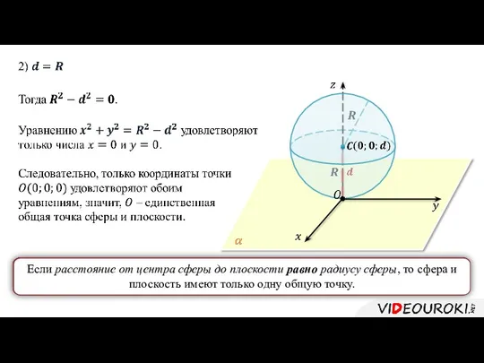 Если расстояние от центра сферы до плоскости равно радиусу сферы,