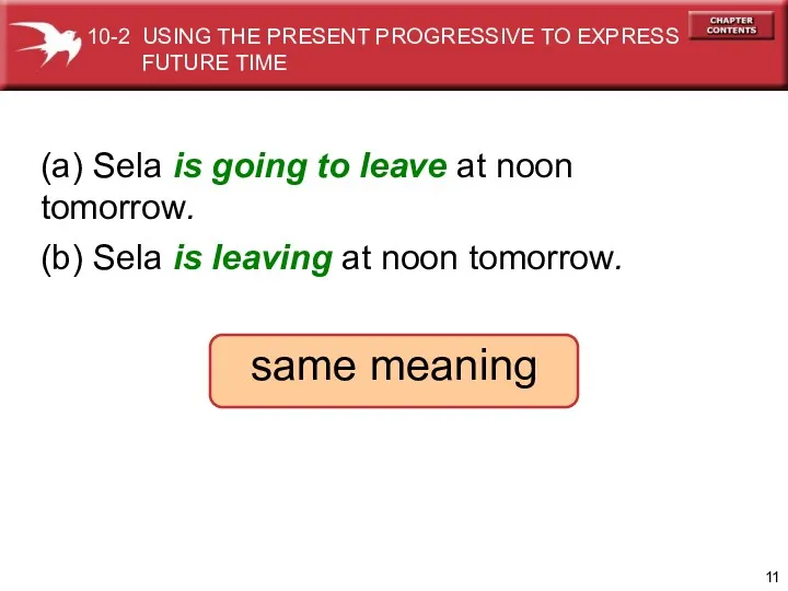(a) Sela is going to leave at noon tomorrow. (b) Sela is leaving