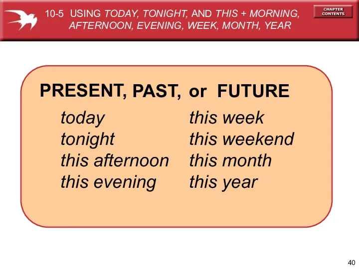 or FUTURE today tonight this afternoon this evening PAST, PRESENT, this week this