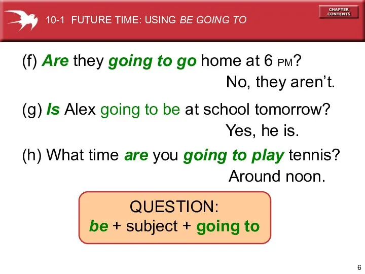 (f) Are they going to go home at 6 PM? (g) Is Alex