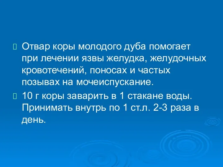 Отвар коры молодого дуба помогает при лечении язвы желудка, желудочных