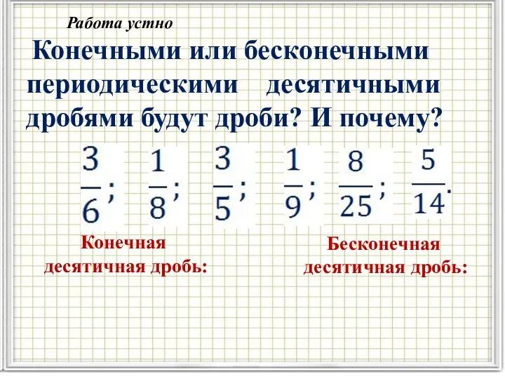 Конечными или бесконечными периодическими десятичными дробями будут дроби? И почему?