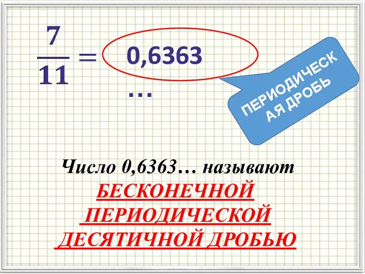 Число 0,6363… называют БЕСКОНЕЧНОЙ ПЕРИОДИЧЕСКОЙ ДЕСЯТИЧНОЙ ДРОБЬЮ 0,6363… ПЕРИОДИЧЕСКАЯ ДРОБЬ