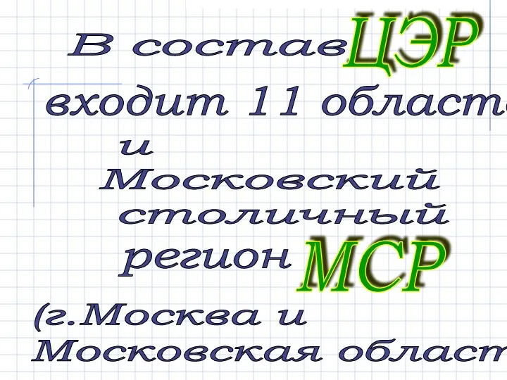 входит 11 областей ЦЭР В состав и Московский столичный МСР (г.Москва и Московская область) регион