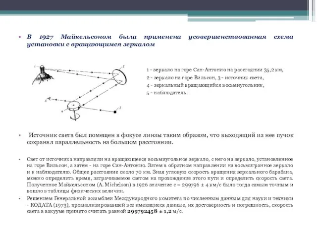 В 1927 Майкельсоном была применена усовершенствованная схема установки с вращающимся