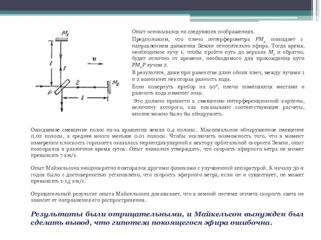 Опыт основывался на следующих соображениях. Предположим, что плечо интерферометра РМ2