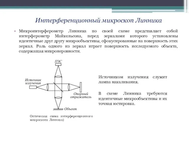 Микроинтерферометр Линника по своей схеме представляет собой интерферометр Майкельсона, перед