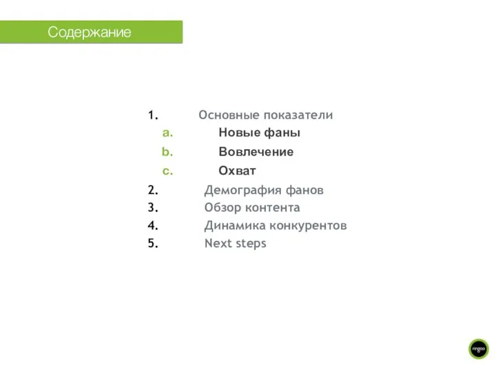 Основные показатели Новые фаны Вовлечение Охват Демография фанов Обзор контента Динамика конкурентов Next steps