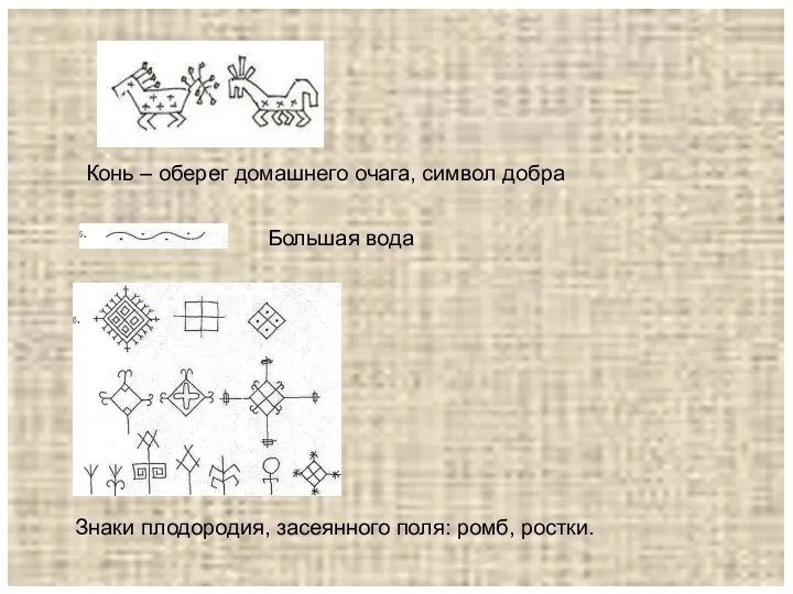 Конь – оберег домашнего очага, символ добра Знаки плодородия, засеянного поля: ромб, ростки. Большая вода