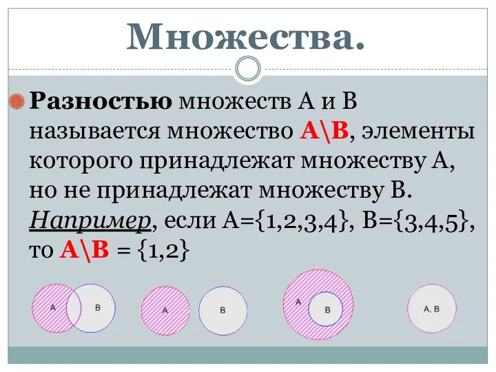 Разностью множеств А и В называется множество А\В, элементы которого