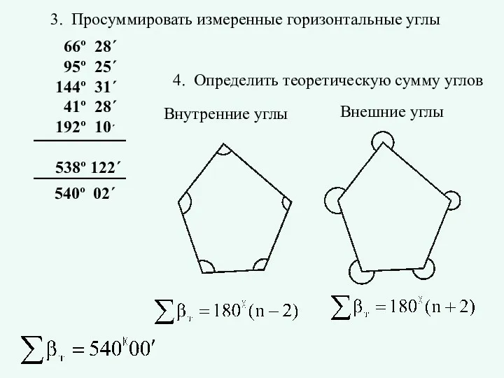 3. Просуммировать измеренные горизонтальные углы 4. Определить теоретическую сумму углов