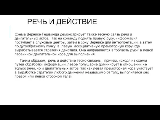 РЕЧЬ И ДЕЙСТВИЕ Схема Вернике-Гешвинда демонстрирует также тесную связь речи