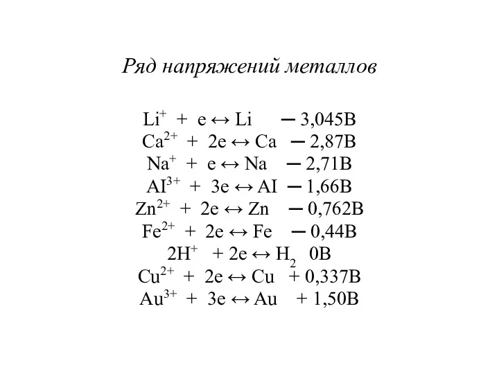 Ряд напряжений металлов Li+ + e ↔ Li ─ 3,045В