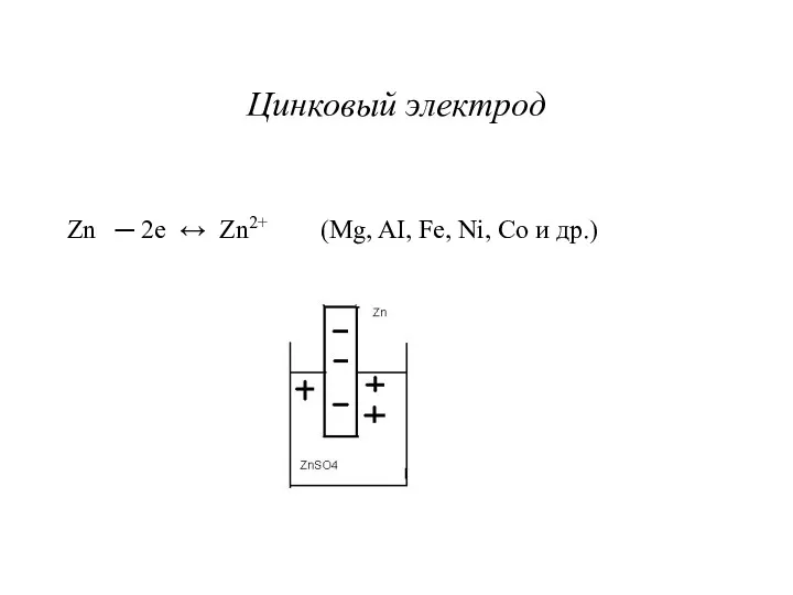 Цинковый электрод Zn ─ 2e ↔ Zn2+ (Mg, AI, Fe, Ni, Co и др.)