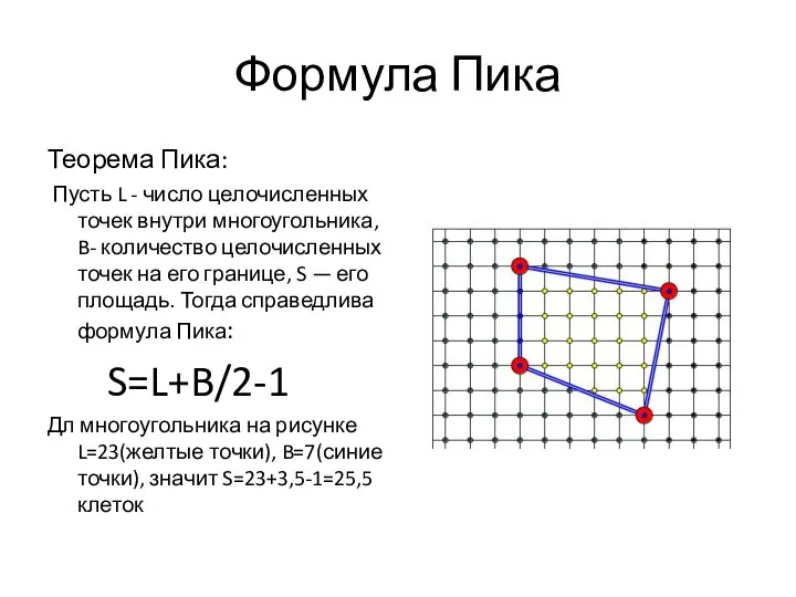 Формула Пика Теорема Пика: Пусть L - число целочисленных точек