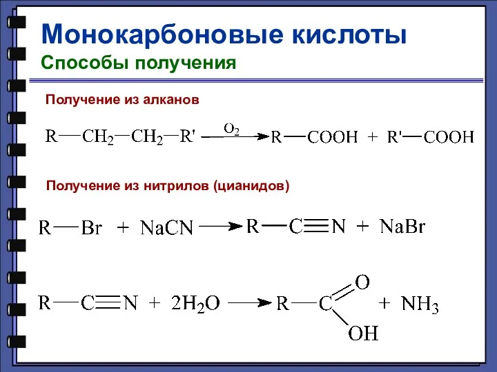Монокарбоновые кислоты Способы получения Получение из алканов Получение из нитрилов (цианидов)