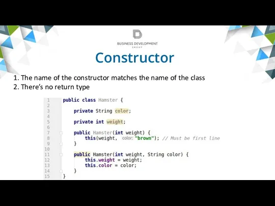 Constructor 1. The name of the constructor matches the name