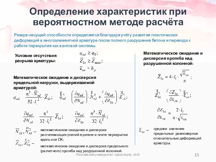 Определение характеристик при вероятностном методе расчёта Российский университет транспорта, 2019 Резерв несущей способности