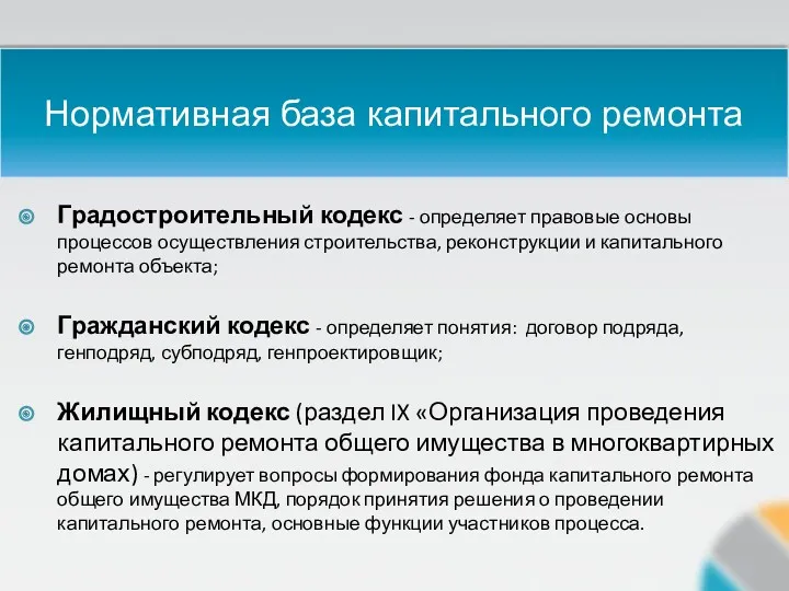 Нормативная база капитального ремонта Градостроительный кодекс - определяет правовые основы