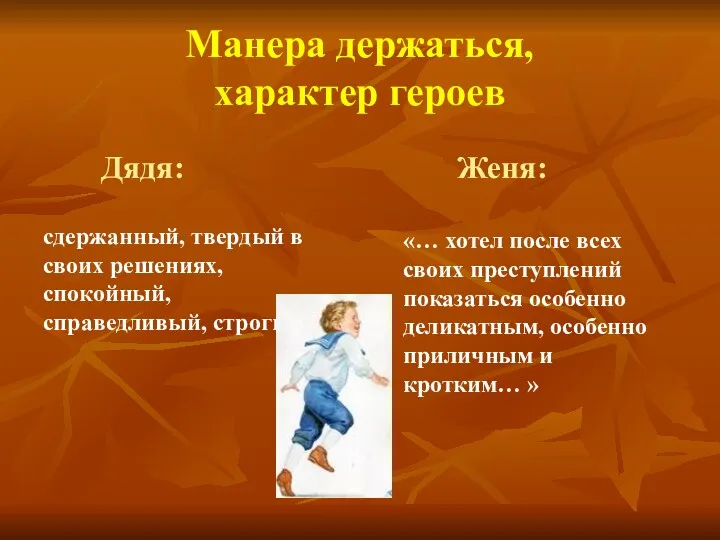 Манера держаться, характер героев Дядя: сдержанный, твердый в своих решениях,