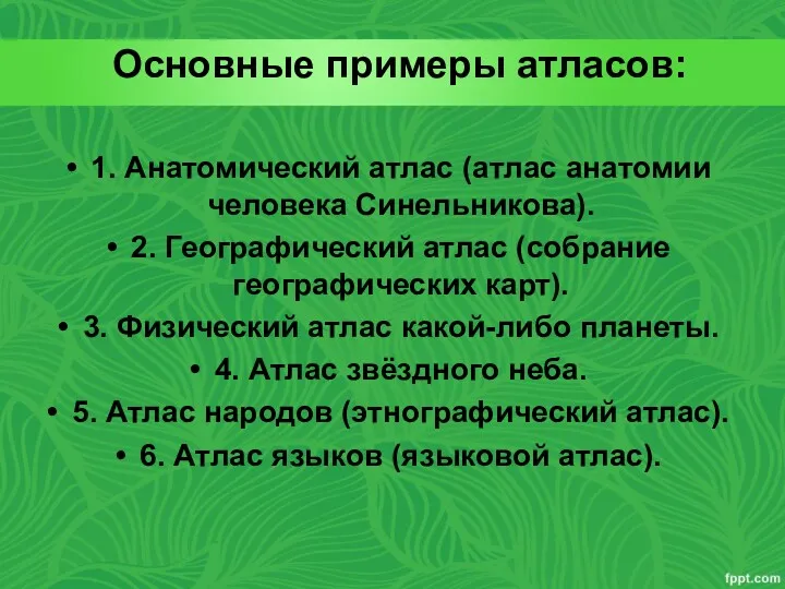 Основные примеры атласов: 1. Анатомический атлас (атлас анатомии человека Синельникова).